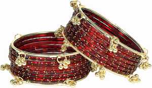 Gold Plated Glass Kashmiri <b>Bangles</b> with Emerald Cut Pearl Detailing Trendy Bridal & Wedding Occasion Wear - Product Image 4