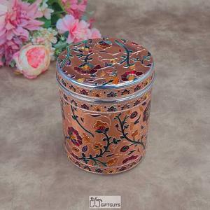 Handcrafted Oriental stainless steel Spice Container Round With Lid <b>Floral</b> Design Storage <b>Box</b> - Product Image 1