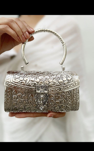 Handmade Metal Floral Flap Clutch Evening Party <b>Bag</b> With Ring Handle Elegant Decorative Beading Rectangle Shape - Product Image 6