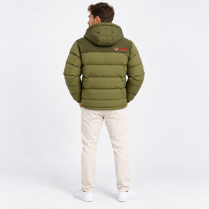 Men's Olive Green Hooded Puffer <b>Jacket</b> With Patch Design Windproof Winter Coat Regular Fit Zipper Closure Casual Style 2026 - Product Image 2