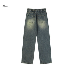 Jean en denim de coton tissé uni personnalisé, taille haute, coupe droite, coupe ample, délavé effet neige, style décontracté streetwear pour l'hiver - Product Image 2