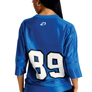 เสื้อเจอร์ซีย์อเมริกันฟุตบอลผู้หญิงสีน้ำเงินคุณภาพพรีเมียม ตกแต่งด้วยกราฟิกคริสตัล ผ้าโพลีเอสเตอร์ทรงโอเวอร์ไซส์ เสื้อยืดกีฬาแฟนเวียร์แบบสั่งทำพิเศษ - Product Image 2