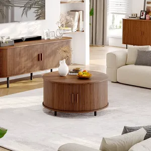 Modern Light Luxury Solid Wood Round <b>Coffee</b> <b>Table</b> With Curved Wood Design For Hotel Living Room Apartment Home Lounge - Product Image 3
