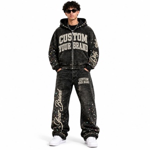 Ensemble sweat à capuche et pantalon en jean noir personnalisé, style streetwear vintage, avec broderie graphique vieillie, survêtement assorti unisexe tendance - Product Image 5