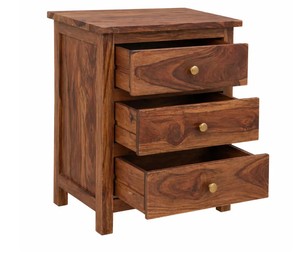 Solid <b>Wood</b> 3-Drawer Nightstand | <b>Rustic</b> Farmhouse Bedside <b>Table</b> | Dark Walnut Finish Bedroom Storage Furniture - Product Image 3