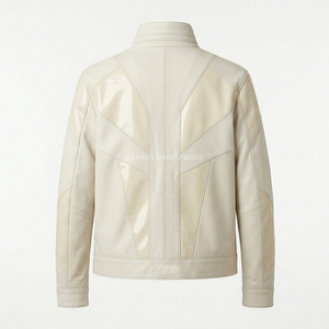 Custom Mens Cream Leather <b>Jacket</b> Supplier Wholesale High End Glossy Paneled Urban Streetwear Outerwear Fashion Moto <b>Racer</b> Coat - Product Image 2