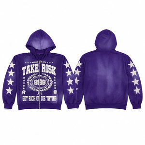 Sweat à capuche zippé violet pour homme, style streetwear, imprimé, coupe classique, avec motif étoiles, pour l'automne - Product Image 1