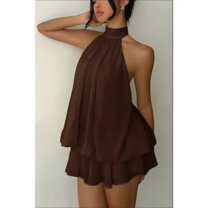 Mini-robe marron à col licou et à volants, style babydoll, marron chocolat foncé, café - Product Image 1