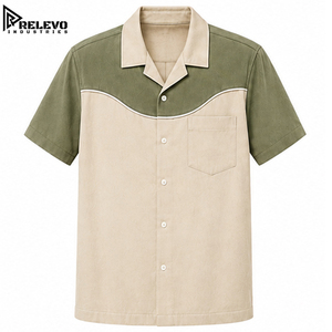 Chemise de bowling décontractée pour homme à manches courtes bicolore, vert olive et beige, avec col occidental boutonné, chemise d'été - Product Image 1