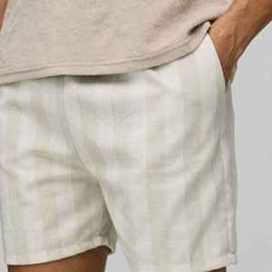 Shorts Bermuda en Coton Oxford Beige Uni pour Homme, Taille Mi-Haute, Fermeture Élastique, Style Décontracté avec Poches, Tissu Respirant - Product Image 2