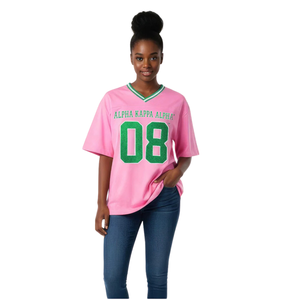 T-shirt rose oversize en jersey pour femme, col en V, style universitaire, manches courtes, décontracté, athlétique, style sororité grecque - Product Image 2
