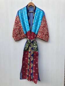 Robe kimono en soie patchwork faite à la main pour femmes, grande taille, respirante, longueur genou, imprimé indien, style bohème, vêtement de nuit d'automne - Product Image 5