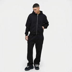 Ensemble de survêtement décontracté pour homme, noir, à capuche, en coton, coupe ample, avec fermeture éclair et poches latérales, idéal pour l'automne - Product Image 1