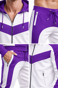 Unisex Purple & White Hooded Tracksuit Set – <b>Zip</b> <b>Up</b> <b>Jacket</b> with Jogger Pants, Slim Fit Casual Sportswear Gym Fitness Outfit - Product Image 6
