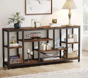 Mesa Consola Moderna de Madera con Estructura Metálica y Estantes de Almacenamiento, Diseño Industrial, Mueble para Sala de Estar, Decoración para Entrada - Product Image 1