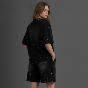 Conjunto de Camiseta y Pantalones Cortos de 2 Piezas para Mujer, 100% Algodón, de Alta Calidad, Diseño de Dos Tonos, por Encima de la Rodilla, con Bordado de Encaje, para Verano - Product Image 2