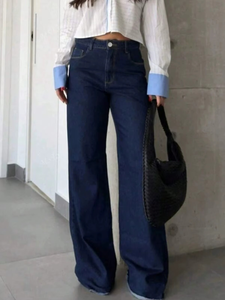 Jeans Anchos de Cintura Alta para Mujer, Azul Oscuro, Estilo Retro, Casual, Verano, Ecológicos, para Uso Diario, Oficina - Product Image 1