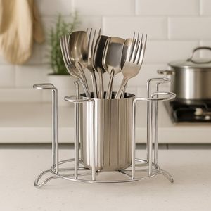 Support à verres en acier inoxydable, organisateur de verres et cuillères en acier, support de rangement pour verres et couverts pour comptoir de cuisine - Product Image 2