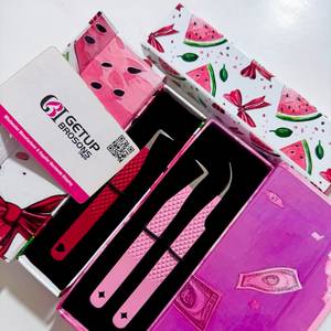Premium Custom Tools Stainless Steel Pink Dollar Watermelon <b>Bow</b> Theme Lash Set 90 Degree Curve 10mm Tweezer Perfect Grip - Product Image 6