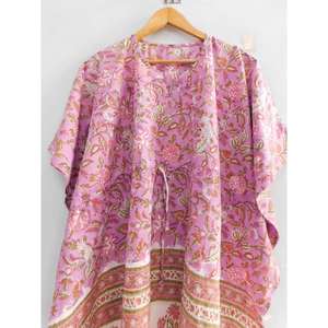 Cotton Block Print V-neck Batwing Sleeves Fit Flare Silhouette Kaftan Dress Boho Handmade <b>Beach</b> Cover Loose <b>Tunic</b> Summer Resort - Product Image 2