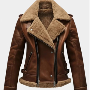 เสื้อโค้ทหนัง PU แบบยูนิเซ็กซ์ทรงสั้น รุ่น High Spring  ตกแต่งด้วยขนแกะเทียมหนานุ่ม  คอปกขนแกะเทียม  แฟชั่นสตรีทแวร์  กันน้ำได้ - Product Image 1