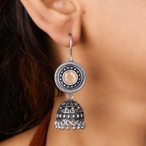 Pendientes Jhumka de Piedra de Durazno Oxidada, Joyería Tribal Boho India, Pendientes Étnicos Hechos a Mano para Mujer - Product Image 2