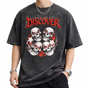 Camiseta Negra Extra Grande de Estilo Vintage con Lavado Ácido y Estampado de Calavera, Camiseta de Algodón para Hombre, Estilo Urbano - Product Image 1