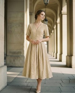 เดรสผ้าลินินราคาส่งที่ดีที่สุด คอวี ติดกระดุมด้านหน้า แขนสั้น ทรงเอไลน์ ชุดคลุมชายหาด เสื้อผ้าผู้หญิง - Product Image 6