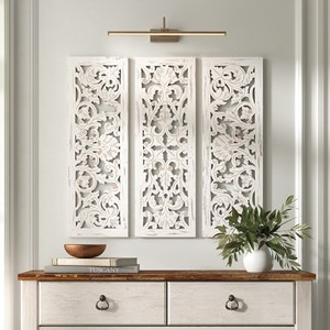 Paneles Decorativos de Pared Tallados a Mano en Madera de Mango - Juego de Arte Mural de Madera Blanqueada - Product Image 1