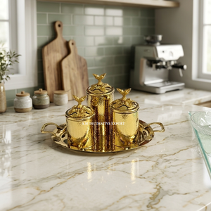 Elegant Gold Canister Set for Home Decor Luxury Hammered Metal <b>Storage</b> <b>Containers</b> with Leaf Knobs & Serving Tray Gift Set - Product Image 1