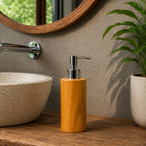 Distributeur de savon ARTERRA en bois de teck naturel de qualité supérieure, pompe en acier inoxydable, décoration moderne et luxueuse pour salle de bain et toilettes, résistant à l'eau - Product Image 4