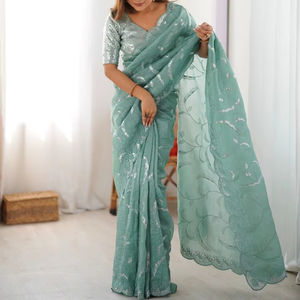 Sari prêt-à-porter spécial mariage, or, avec broderie de sequins, prêt à porter - Product Image 1