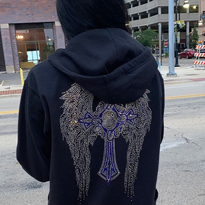 Sweat à capuche noir pour femme avec strass, ailes d'ange croisées, style gothique, décoration au dos, vêtement décontracté d'hiver, respirant, OEM - Product Image 6