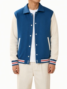 Blouson universitaire bleu pour homme avec poignets rayés rouge et blanc, col montant, fermeture à bouton unique, style décontracté, coupe régulière, séchage rapide - Product Image 1