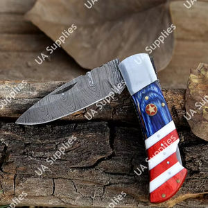 Couteau pliant professionnel artisanal en acier Damas, couteau de poche EDC tactique de chasse avec étui en cuir et manche en bois époxy, OEM - Product Image 1