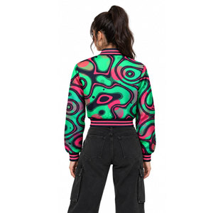 Green Pink Geometric Print Varsity <b>Jacket</b> Women's <b>Short</b> Crop Bomber Coat Full <b>Sleeve</b> Turn-down Collar Polyester Autumn Style - Product Image 5