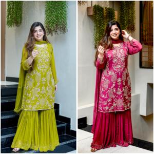 Présentation du nouveau look de soirée de créateur : haut, pantalon palazzo et dupatta avec broderies riches. - Product Image 5