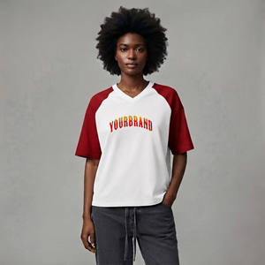 <b>High</b> Quality Women's V-Neck Raglan Sleeve T-Shirt White <b>Red</b> Cotton Logo Printed Casual Loose Fit All Seasons Wear - Product Image 4