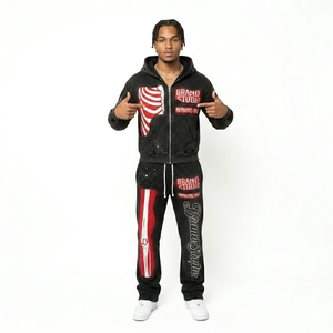 Conjunto de 2 piezas de sudadera con capucha y cremallera para hombre, diseño de canalé negro y rojo, con pedrería, estilo urbano, manga larga, a la moda - Product Image 5