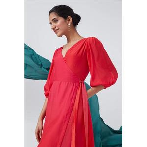 Robe mi-longue rouge pour femme, col en V, manches bouffantes, coupe trapèze, tenue décontractée pour soirée - Product Image 3