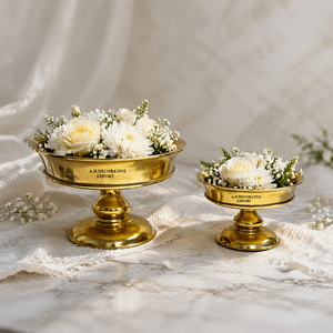 Elegant Pedestal Metal Flower Bowl <b>Set</b> Vintage Gold Centerpiece Risers Handcrafted Decorative Urn for Tabletop Deco for Weddings - Product Image 2