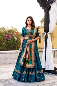 Green Vichitra Silk Digital Printed Embroidered <b>Lehenga</b> Choli Set Orange Dupatta for <b>Women</b> Traditional Indian Wedding Wear - Product Image 2