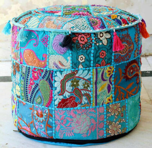 Bohemian Round Fabric <b>Pouf</b> With Floral Embroidery And Tassels For Decorative Use - Product Image 1