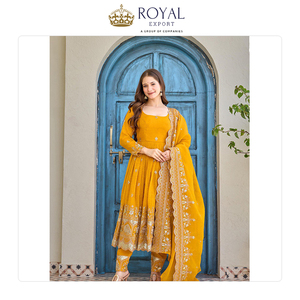 Breed verkochte Indiase kleding, rechtstreeks van de fabriek, premium zware, knapperige zijde met borduurwerk en pailletten, Anarkali pak. - Product Image 3