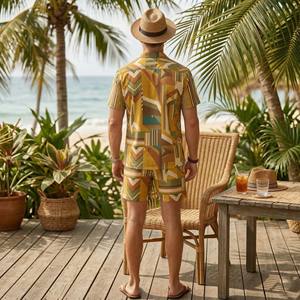 Ensemble de tenue 2 pièces de style bohème pour hommes, impression par sublimation personnalisée, chemise à manches courtes boutonnée et short à cordon de serrage - Product Image 2