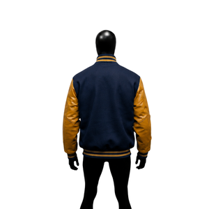 Chaqueta Universitaria Azul Marino Personalizada con Mangas Amarillo Dorado, Chaqueta Clásica de Béisbol Estilo Letterman para Hombre, Venta al Por Mayor - Product Image 2