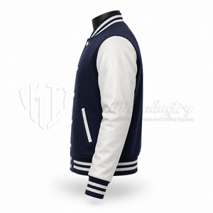 Chaqueta Varsity Azul para Hombre con Mangas de Cuero Blanco, Estilo Preppy, Corte Regular, Cuello Camisero, Cierre de Botones, Ropa de Otoño - Product Image 5