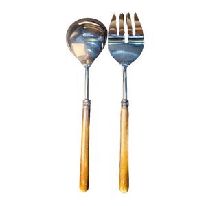 Juego de 2 Servidores de Ensalada de Acero Inoxidable con Mangos de Resina Pulida Color Ámbar, Cuchara y Tenedor Grandes para Charcutería Gourmet - Product Image 1