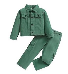 Conjunto de Dos Piezas de Chaqueta de Manga Larga y Pantalones de Mezclilla para Niñas, Estilo Deportivo - Product Image 1