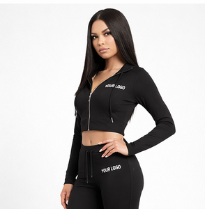 Conjunto Deportivo de Dos Piezas para Mujer con Logotipo Personalizado, Sudadera Corta con Cierre y Pantalones Deportivos de Cintura Alta - Product Image 3